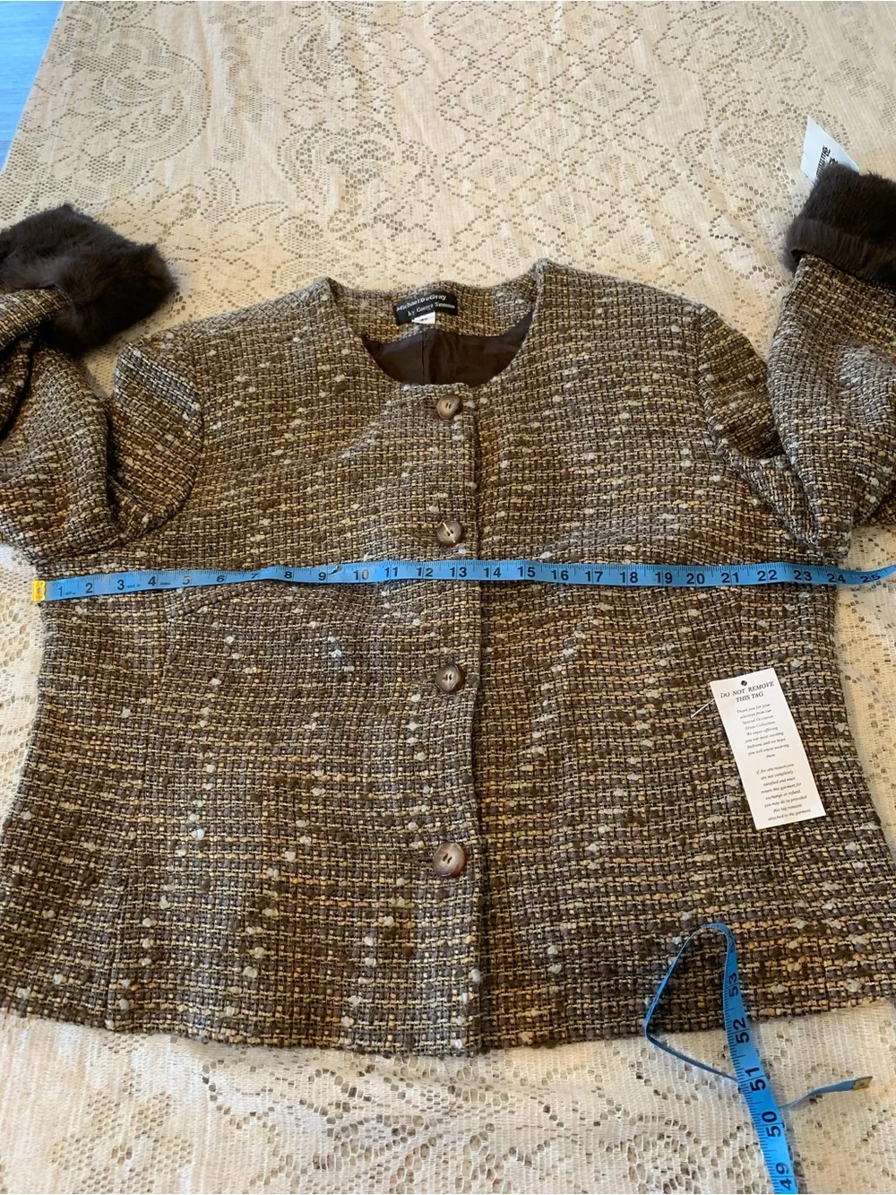 Michael De Gray suit set Brown Tweed Button-Front Jacket with Fur Cuff